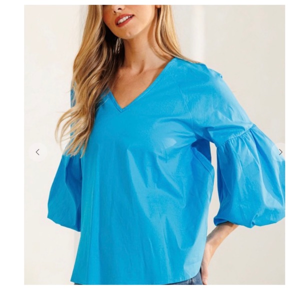 Boho Balloon Sleeve Baby Doll V-neck Solid Top - Picture 4 of 6